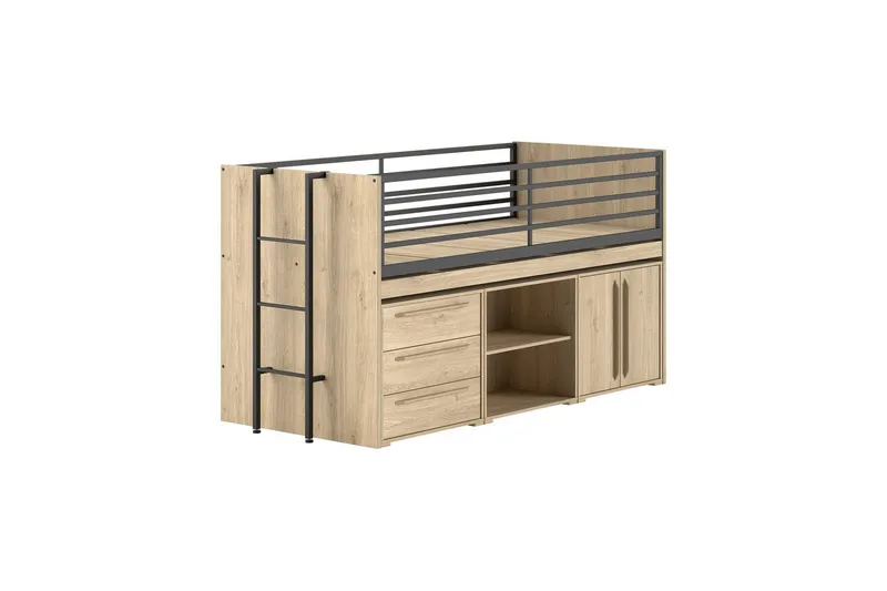 Halvhøj seng en bogreol en kommode med 2 døre og en kommode med 3 skuffer Sam Eg - Eg - Møbler - Børnemøbler - Børneseng & juniorseng - Højseng børn