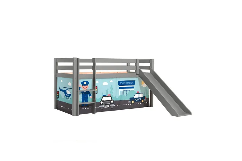 Halvhøj seng med forhæng og rutsjebane Pino Grå, Politi - Grå, Politi - Møbler - Børnemøbler - Børneseng & juniorseng - Højseng børn