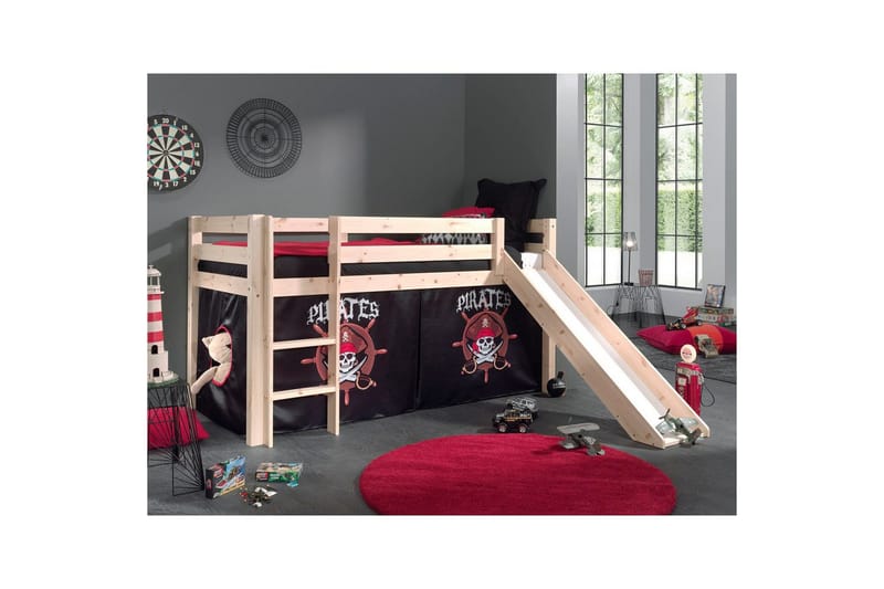 Halvhøj seng med forhæng og rutsjebane Pino Naturlig, Pirat - Naturlig, Pirat - Møbler - Børnemøbler - Børneseng & juniorseng - Højseng børn