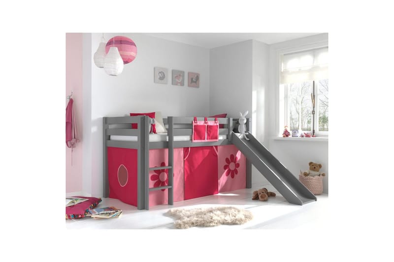 Halvhøj seng med forhæng og rutsjebane Pino Grå, Pink blomst - Grå, Pink blomst - Møbler - Børnemøbler - Børneseng & juniorseng - Højseng børn