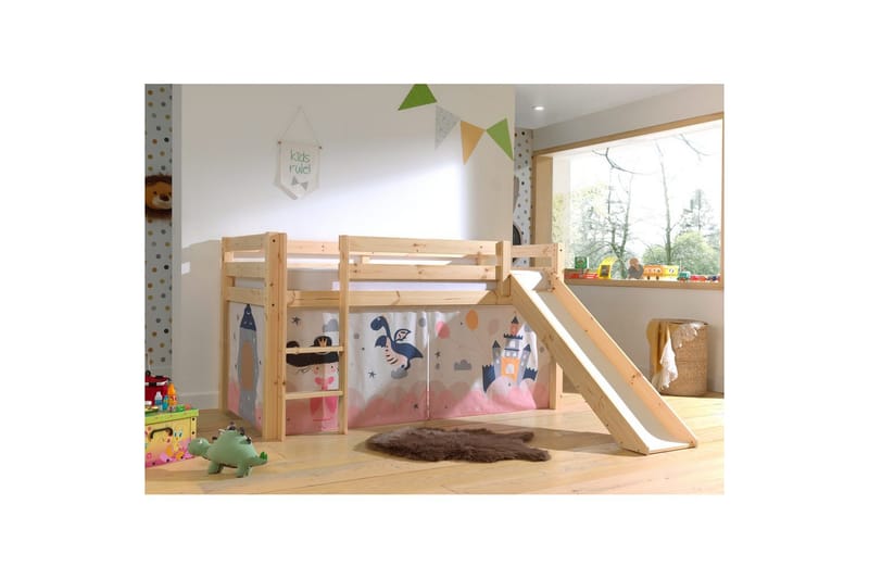 Halvhøj seng med forhæng og rutsjebane Pino Naturlig, Prinsesse sophie - Naturlig, Prinsesse sophie - Møbler - Børnemøbler - Børneseng & juniorseng - Højseng børn