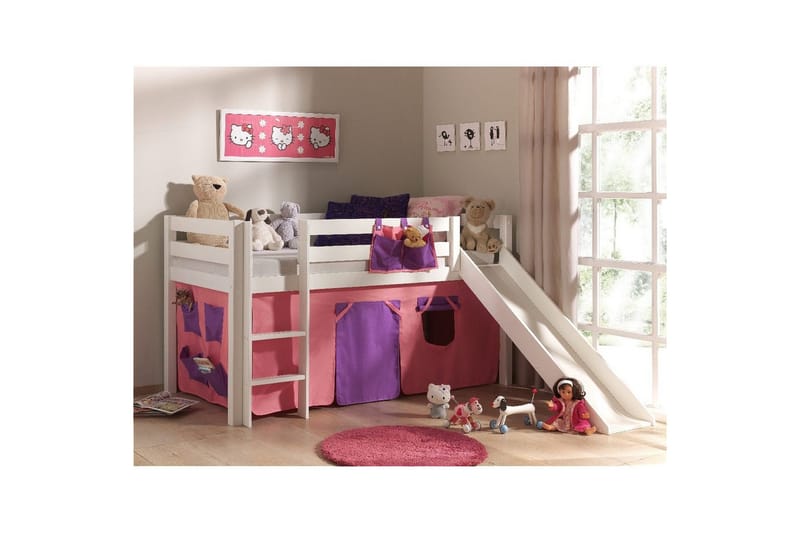 Halvhøj seng med forhæng og rutsjebane Pino Hvid, Bella - Hvid, Bella - Møbler - Børnemøbler - Børneseng & juniorseng - Højseng børn