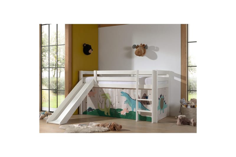 Halvhøj seng med forhæng og rutsjebane Pino Hvid, Dino - Hvid, Dino - Møbler - Børnemøbler - Børneseng & juniorseng - Højseng børn