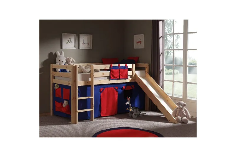 Halvhøj seng med forhæng og rutsjebane Pino Naturlig, Domino - Naturlig, Domino - Møbler - Børnemøbler - Børneseng & juniorseng - Højseng børn