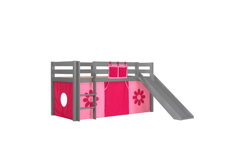 Halvhøj seng med forhæng og rutsjebane Pino Grå, Pink blomst - Grå, Pink blomst - Møbler - Børnemøbler - Børneseng & juniorseng - Højseng børn