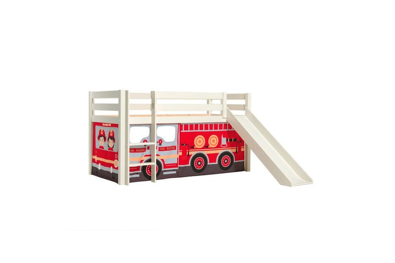 Halvhøj seng med forhæng og rutsjebane Pino Hvid, Brandbil - Hvid, Brandbil - Møbler - Børnemøbler - Børneseng & juniorseng - Højseng børn