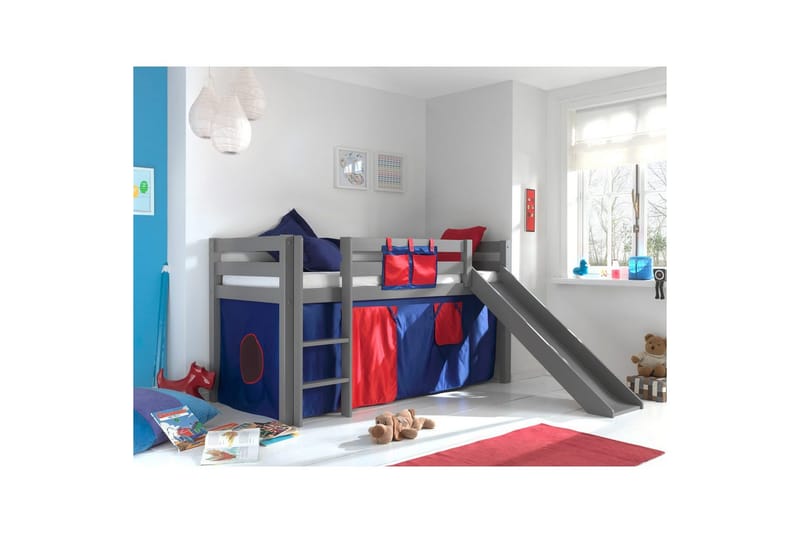 Halvhøj seng med forhæng og rutsjebane Pino Grå, Domino - Grå, Domino - Møbler - Børnemøbler - Børneseng & juniorseng - Højseng børn