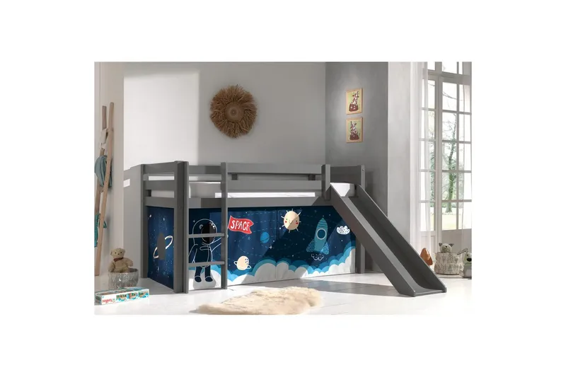 Halvhøj seng med forhæng og rutsjebane Pino Grå, Rumfærge - Grå, Rumfærge - Møbler - Børnemøbler - Børneseng & juniorseng - Højseng børn