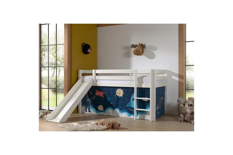 Halvhøj seng med forhæng og rutsjebane Pino Hvid, Rumfærge - Hvid, Rumfærge - Møbler - Børnemøbler - Børneseng & juniorseng - Højseng børn