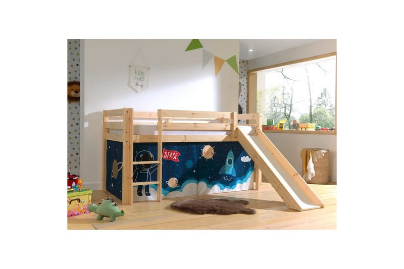 Halvhøj seng med forhæng og rutsjebane Pino Naturlig, Rumfærge - Naturlig, Rumfærge - Møbler - Børnemøbler - Børneseng & juniorseng - Højseng børn