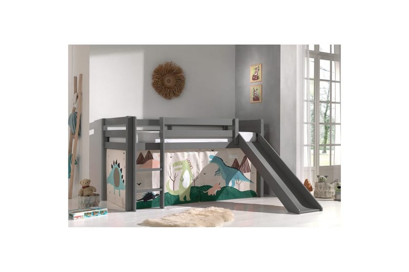 Halvhøj seng med forhæng og rutsjebane Pino Grå, Dino - Grå, Dino - Møbler - Børnemøbler - Børneseng & juniorseng - Højseng børn