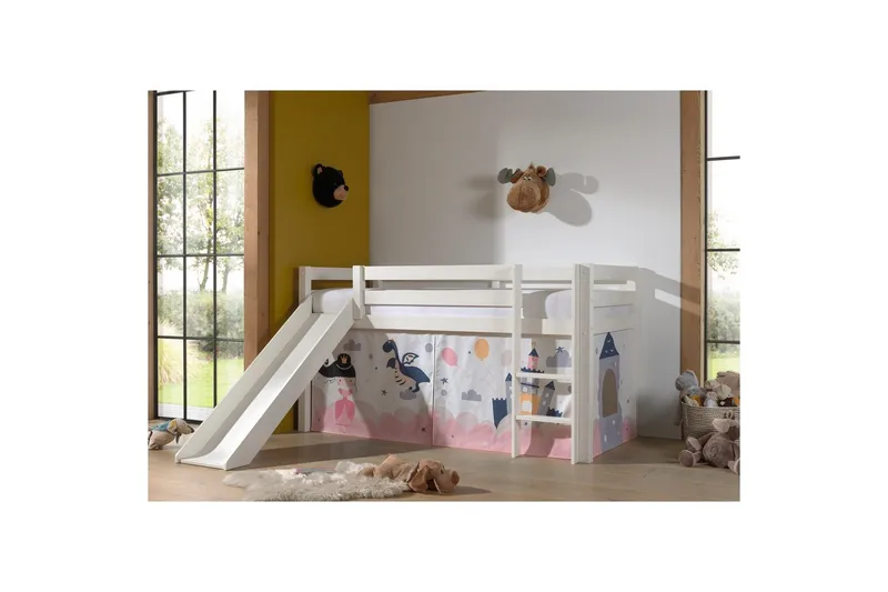 Halvhøj seng med forhæng og rutsjebane Pino Hvid, Prinsesse sophie - Hvid, Prinsesse sophie - Møbler - Børnemøbler - Børneseng & juniorseng - Højseng børn