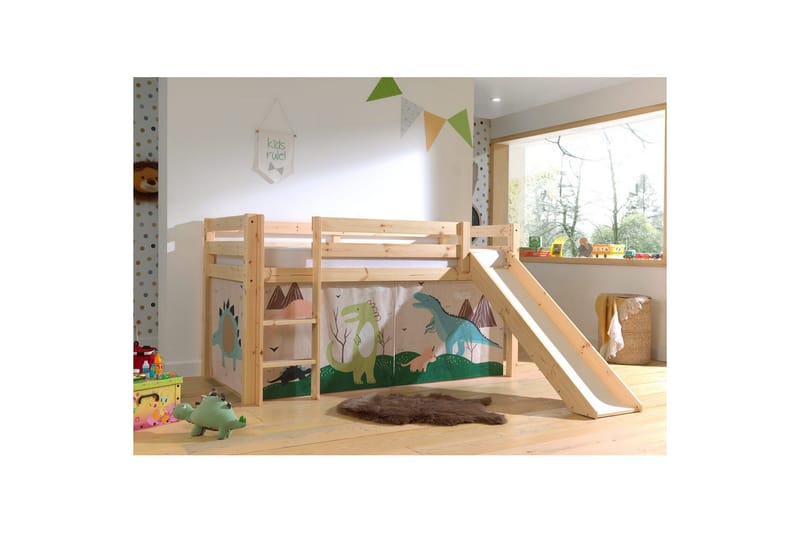 Halvhøj seng med forhæng og rutsjebane Pino Naturlig, Dino - Naturlig, Dino - Møbler - Børnemøbler - Børneseng & juniorseng - Højseng børn