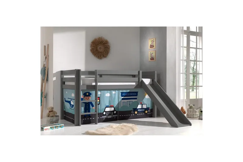 Halvhøj seng med forhæng og rutsjebane Pino Grå, Politi - Grå, Politi - Møbler - Børnemøbler - Børneseng & juniorseng - Højseng børn