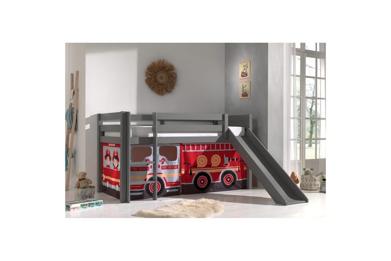 Halvhøj seng med forhæng og rutsjebane Pino Grå, Brandbil - Grå, Brandbil - Møbler - Børnemøbler - Børneseng & juniorseng - Højseng børn