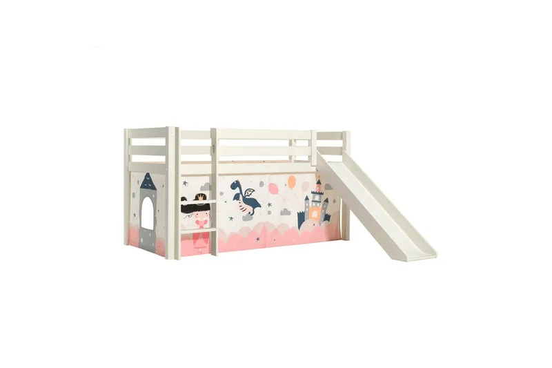 Halvhøj seng med forhæng og rutsjebane Pino Hvid, Prinsesse sophie, Hvid, Prinsesse sophie