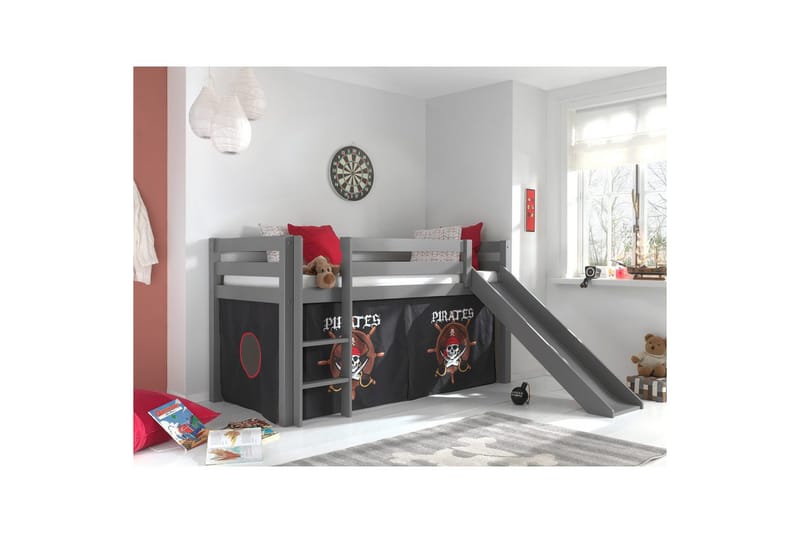 Halvhøj seng med forhæng og rutsjebane Pino Grå, Pirat - Grå, Pirat - Møbler - Børnemøbler - Børneseng & juniorseng - Højseng børn