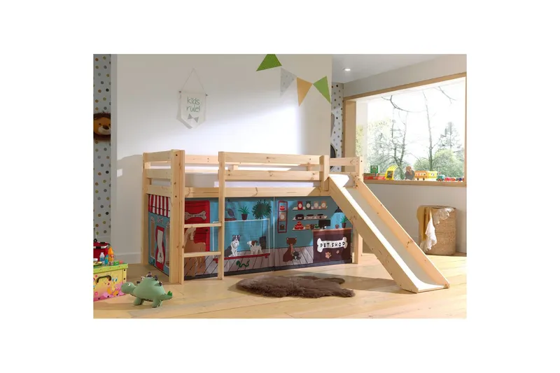 Halvhøj seng med forhæng og rutsjebane Pino Naturlig, Dyrehandel - Naturlig, Dyrehandel - Møbler - Børnemøbler - Børneseng & juniorseng - Højseng børn