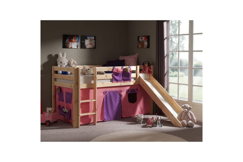 Halvhøj seng med forhæng og rutsjebane Pino Naturlig, Bella - Naturlig, Bella - Møbler - Børnemøbler - Børneseng & juniorseng - Højseng b�ørn