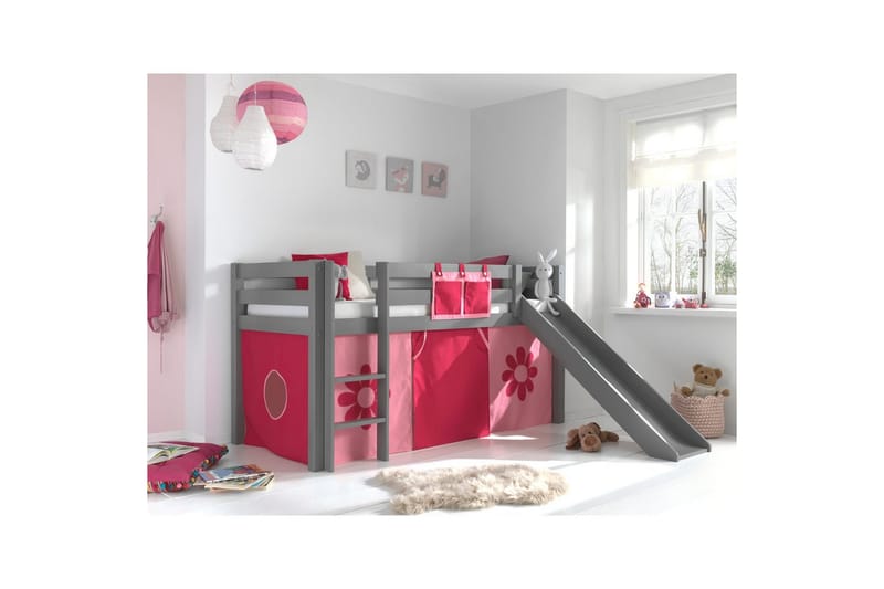 Halvhøj seng med forhæng og rutsjebane Pino Grå, Pink blomst - Grå, Pink blomst - Møbler - Børnemøbler - Børneseng & juniorseng - Køjeseng børn