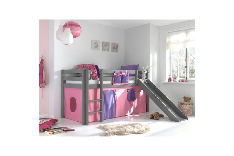 Halvhøj seng med forhæng og rutsjebane Pino Grå, Bella - Grå, Bella - Møbler - Børnemøbler - Børneseng & juniorseng - Højseng børn