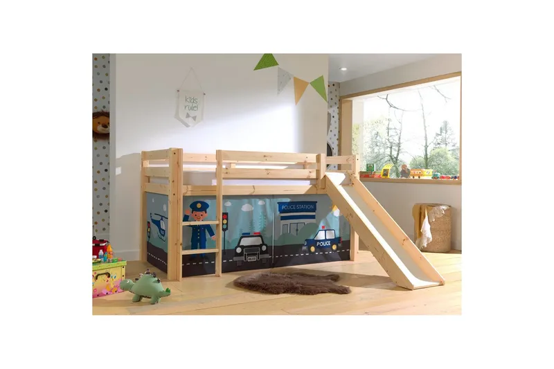 Halvhøj seng med forhæng og rutsjebane Pino Naturlig, Politi - Naturlig, Politi - Møbler - Børnemøbler - Børneseng & juniorseng - Højseng børn