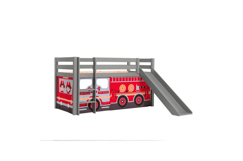 Halvhøj seng med forhæng og rutsjebane Pino Grå, Brandbil - Grå, Brandbil - Møbler - Børnemøbler - Børneseng & juniorseng - Højseng børn
