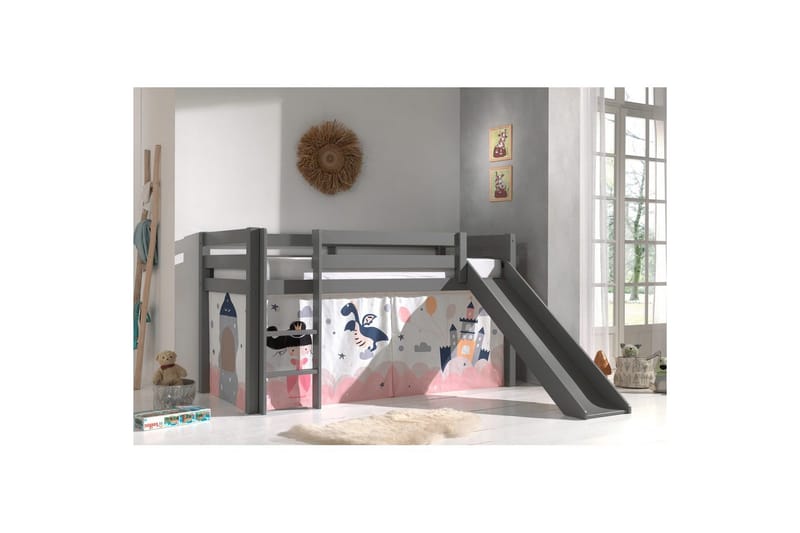 Halvhøj seng med forhæng og rutsjebane Pino Grå, Prinsesse sophie - Grå, Prinsesse sophie - Møbler - Børnemøbler - Børneseng & juniorseng - Højseng børn