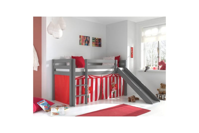 Halvhøj seng med forhæng og rutsjebane Pino Grå, Chucky - Grå, Chucky - Møbler - Børnemøbler - Børneseng & juniorseng - Højseng børn