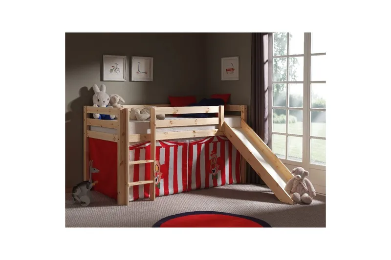 Halvhøj seng med forhæng og rutsjebane Pino Naturlig, Chucky - Naturlig, Chucky - Møbler - Børnemøbler - Børneseng & juniorseng - Højseng børn