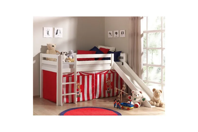 Halvhøj seng med forhæng og rutsjebane Pino Hvid, Chucky - Hvid, Chucky - Møbler - Børnemøbler - Børneseng & juniorseng - Højseng børn