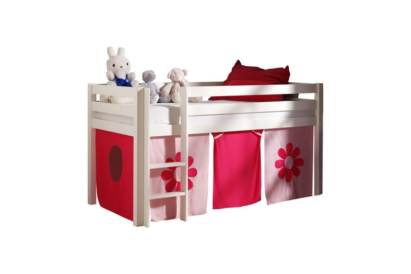 Halvhøj seng med forhæng Pino Hvid, Pink blomst - Hvid, Pink blomst - Møbler - Børnemøbler - Børneseng & juniorseng - Højseng børn