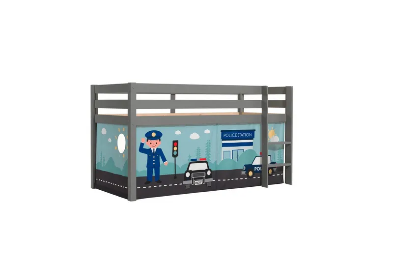 Halvhøj seng med forhæng Pino Grå, Politi - Grå, Politi - Møbler - Børnemøbler - Børneseng & juniorseng - Højseng børn
