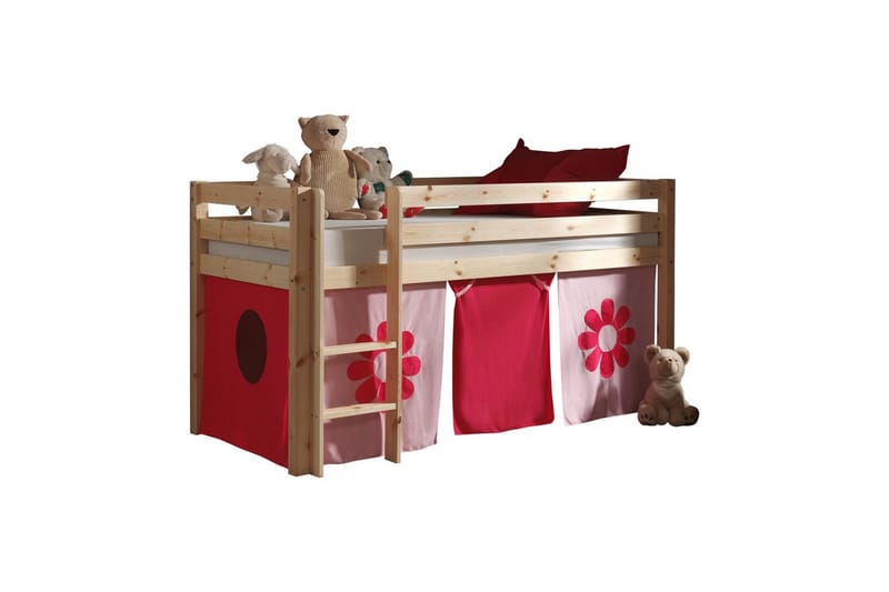 Halvhøj seng med forhæng Pino Naturlig, Pink blomst, Naturlig, Pink blomst