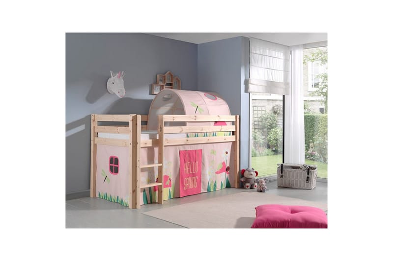 Halvhøj seng med gardin Pino Forår Naturlig, Naturlig, Uden rutsjebane, Forår, Fjeder, Uden lommer - Naturlig, Naturlig, Uden rutsjebane, Forår, Fjeder, Uden lommer - Møbler - Børnemøbler - Børneseng & juniorseng - Højseng børn