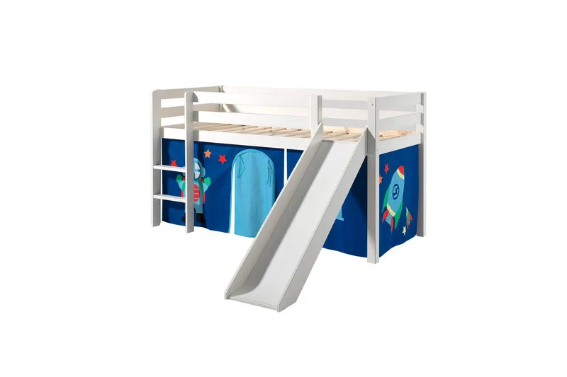 Halvhøj seng med gardin Pino Astro Hvid, Hvid, Med rutsjebane, Uden tunnel, Ingen lommer, Hvid, Hvid, Med rutsjebane, Uden tunnel, Ingen lommer