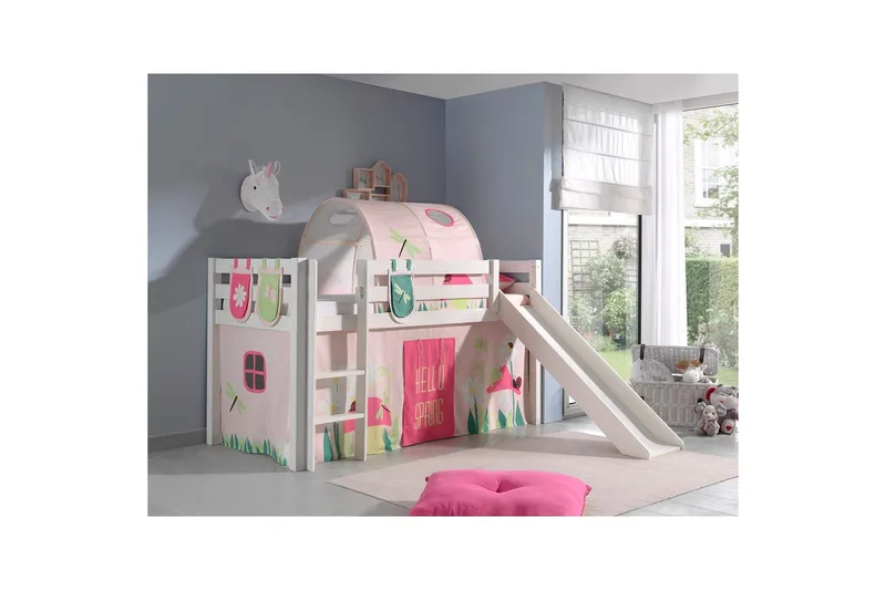 Halvhøj seng med gardin Pino Forår Hvid, Hvid, Med rutsjebane, Forår, Fjeder, 3 - Hvid, Hvid, Med rutsjebane, Forår, Fjeder, 3 - Møbler - Børnemøbler - Børneseng & juniorseng - Højseng børn