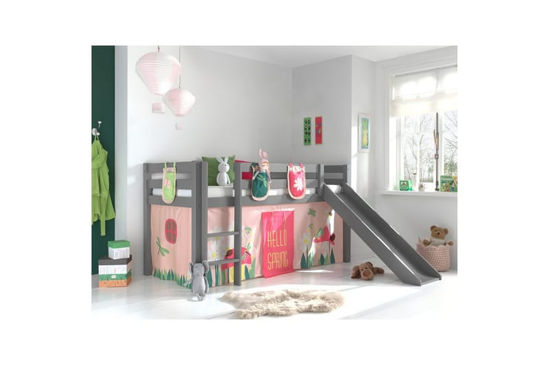 Halvhøj seng med gardin Pino Forår Grå, Grå, Med rutsjebane, Uden tunnel, 3 - Grå, Grå, Med rutsjebane, Uden tunnel, 3 - Møbler - Børnemøbler - Børneseng & juniorseng - Husseng