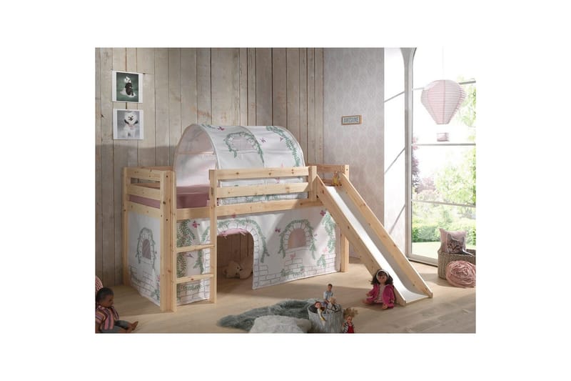 Halvhøj seng med gardin Pino Birdy Naturlig, Naturlig, Med rutsjebane, Uden tunnel, Ingen lommer - Naturlig, Naturlig, Med rutsjebane, Uden tunnel, Ingen lommer - Møbler - Børnemøbler - Børneseng & juniorseng - Højseng børn