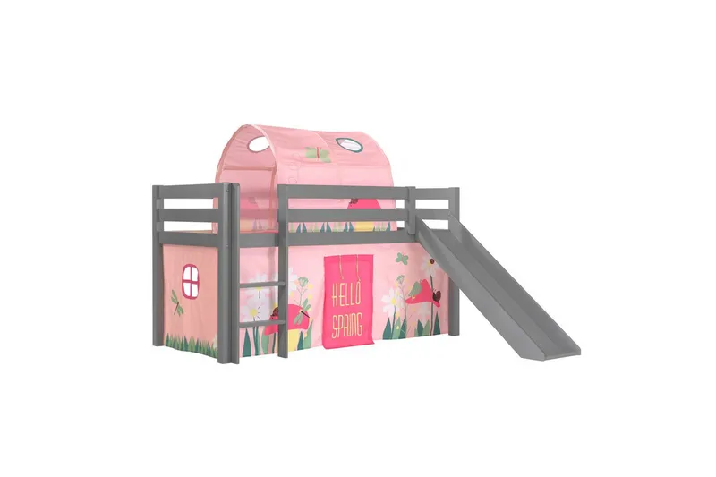 Halvhøj seng med gardin Pino Forår Grå, Grå, Med rutsjebane, Forår, Fjeder, Uden lommer, Grå, Grå, Med rutsjebane, Forår, Fjeder, Uden lommer