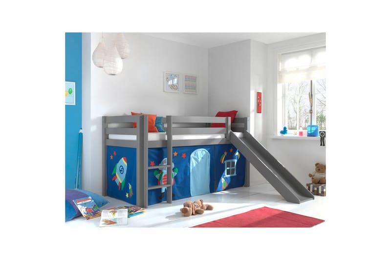 Halvhøj seng med gardin Pino Astro Grå, Grå, Med rutsjebane, Uden tunnel, Ingen lommer - Grå, Grå, Med rutsjebane, Uden tunnel, Ingen lommer - Møbler - Børnemøbler - Børneseng & juniorseng - Højseng børn