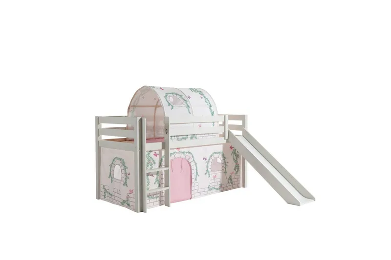 Halvhøj seng med gardin Pino Birdy Hvid, Hvid, Med rutsjebane, Birdy, Ingen lommer - Hvid, Hvid, Med rutsjebane, Birdy, Ingen lommer - Møbler - Børnemøbler - Børneseng & juniorseng - Højseng børn