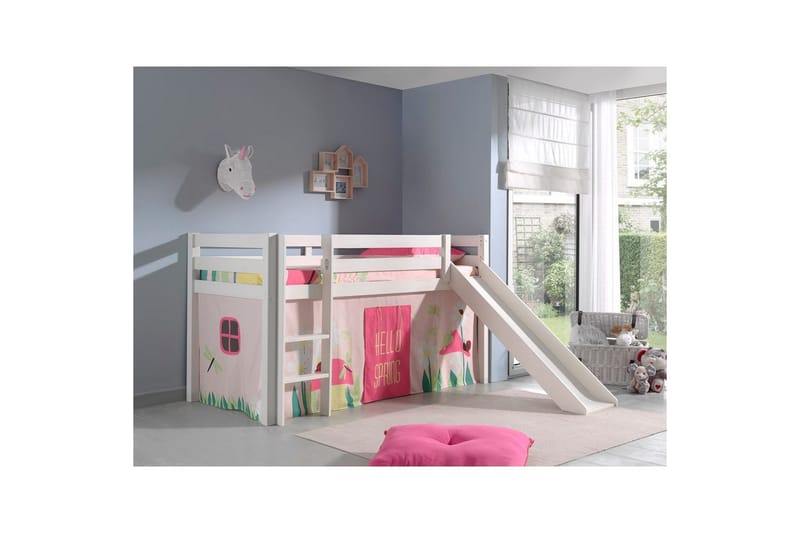 Halvhøj seng med gardin Pino Forår Hvid, Hvid, Med rutsjebane, Uden tunnel, Uden lommer - Hvid, Hvid, Med rutsjebane, Uden tunnel, Uden lommer - Møbler - Børnemøbler - Børneseng & juniorseng - Højseng børn