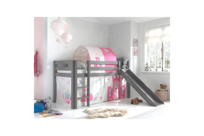 Halvhøj seng med gardin Pino Prinsesse Grå, Grå, Med rutsjebane, Prinsesse, Ingen lommer - Grå, Grå, Med rutsjebane, Prinsesse, Ingen lommer - Møbler - Børnemøbler - Børneseng & juniorseng - Højseng børn