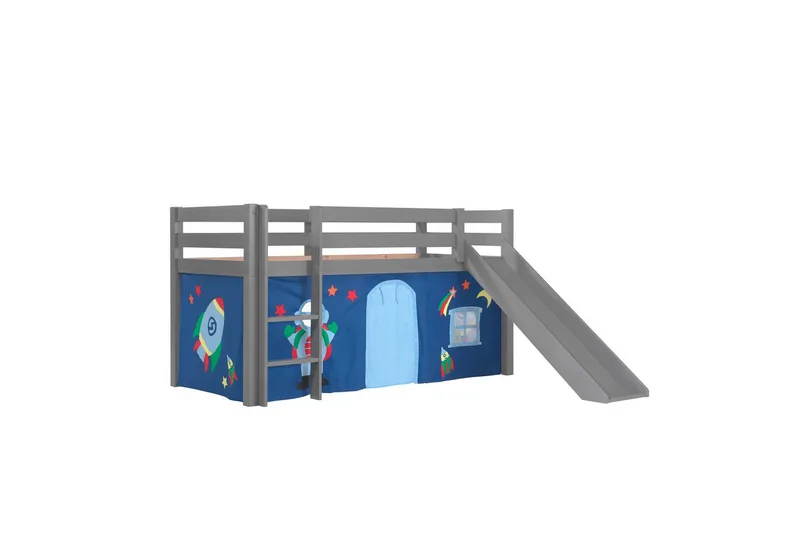 Halvhøj seng med gardin Pino Astro Grå, Grå, Med rutsjebane, Uden tunnel, Ingen lommer, Grå, Grå, Med rutsjebane, Uden tunnel, Ingen lommer