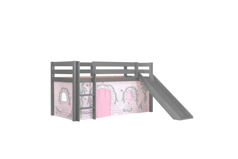 Halvhøj seng med gardin Pino Birdy Grå, Grå, Med rutsjebane, Uden tunnel, Ingen lommer - Grå, Grå, Med rutsjebane, Uden tunnel, Ingen lommer - Møbler - Børnemøbler - Børneseng & juniorseng - Højseng børn