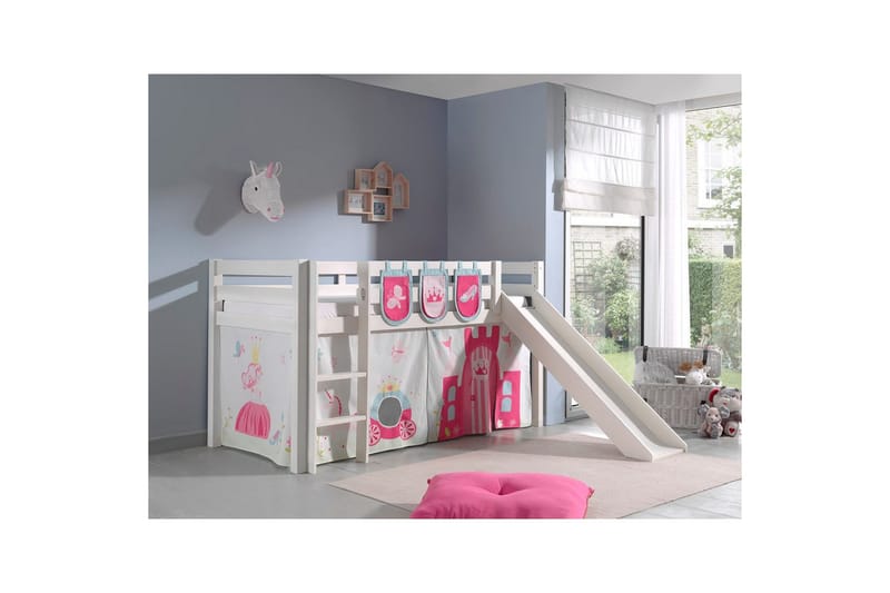 Halvhøj seng med gardin Pino Prinsesse Hvid, Hvid, Med rutsjebane, Uden tunnel, 3 - Hvid, Hvid, Med rutsjebane, Uden tunnel, 3 - Møbler - Børnemøbler - Børneseng & juniorseng - Højseng børn