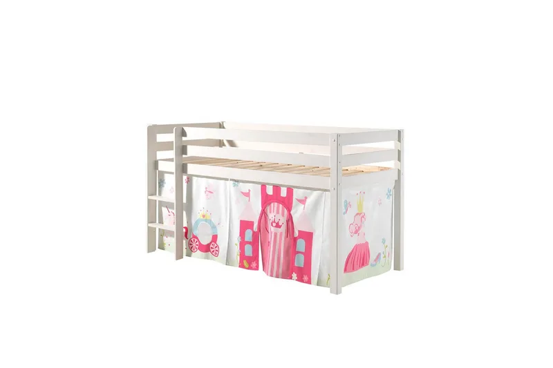 Halvhøj seng med gardin Pino Prinsesse Hvid, Hvid, Uden rutsjebane, Uden tunnel, Ingen lommer, Hvid, Hvid, Uden rutsjebane, Uden tunnel, Ingen lommer