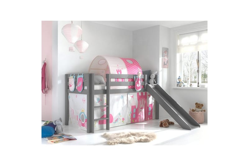 Halvhøj seng med gardin Pino Prinsesse Grå, Grå, Med rutsjebane, Prinsesse, 3 - Grå, Grå, Med rutsjebane, Prinsesse, 3 - Møbler - Børnemøbler - Børneseng & juniorseng - Højseng børn