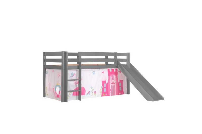 Halvhøj seng med gardin Pino Prinsesse Grå, Grå, Med rutsjebane, Uden tunnel, Ingen lommer, Grå, Grå, Med rutsjebane, Uden tunnel, Ingen lommer
